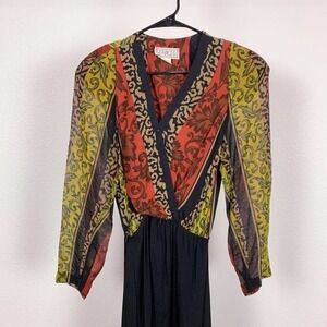 Vintage 80s Traces Art To Wear Black Red Rayon Long Sleeve Dress 8